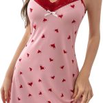 Heart Print Nightgown, Contrast Lace Cami Chemise Sleepwear