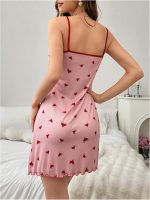 Heart Print Nightgown, Contrast Lace Cami Chemise Sleepwear - Image 2
