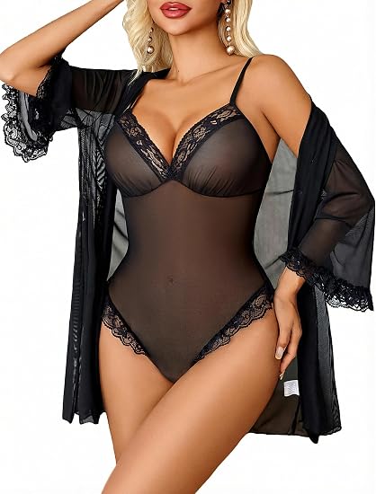 71jDo8zYlwL._AC_SY550_.jpg Elegant Lace-Detail One-Piece Sleepwear - Image 1