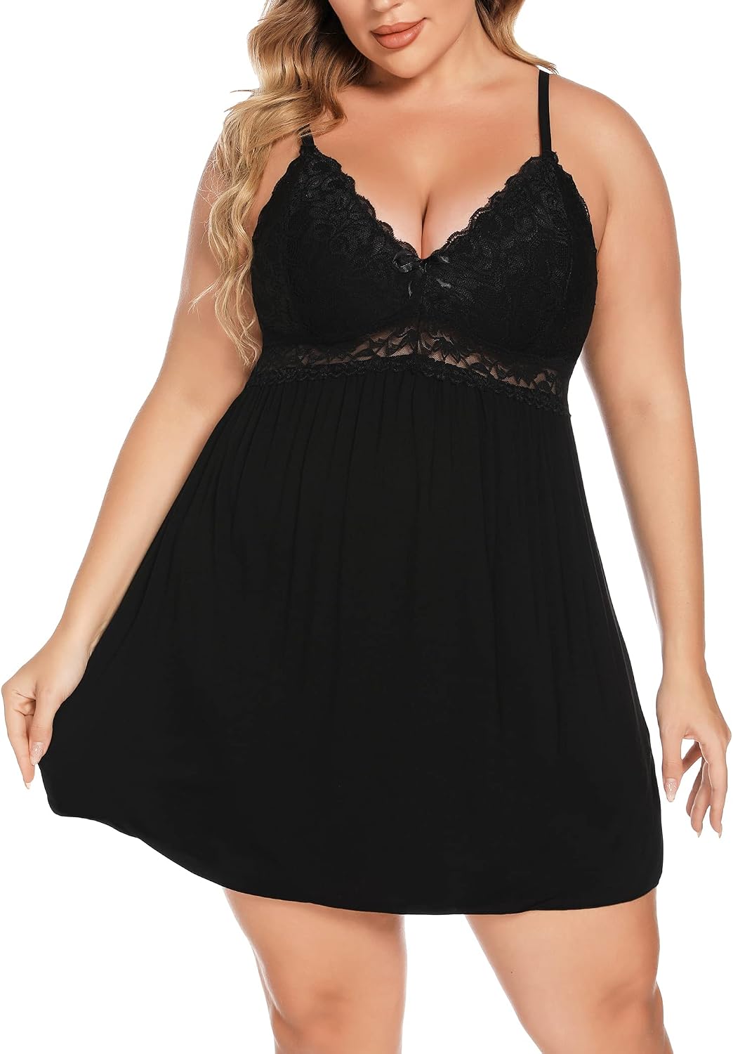 71qOf5Ldk1L._AC_SL1500_.jpg Plus Size Lace Modal Chemise, V Neck Full Slip Babydoll Nightgown - Image 1